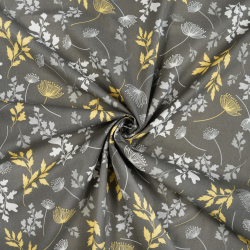 100% Baumwolle gelb-graue Blätter auf braun-grauem Hintergrund