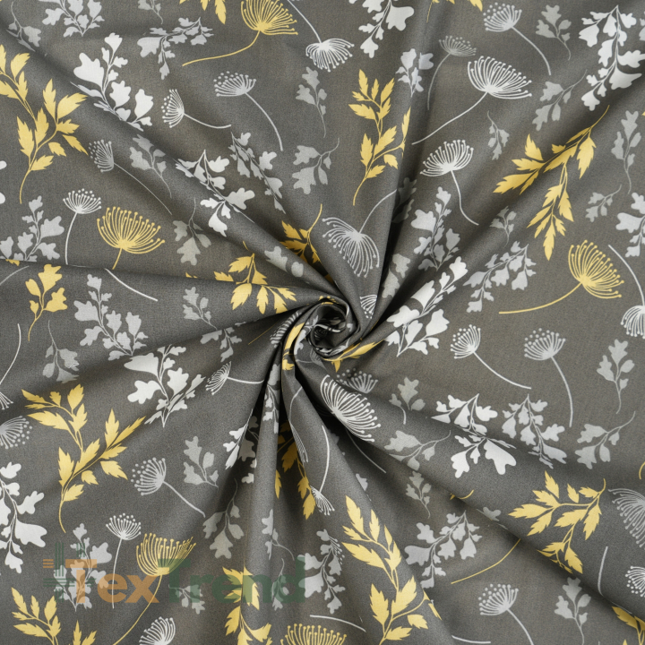 100% Baumwolle gelb-graue Blätter auf braun-grauem Hintergrund