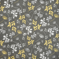 100% Baumwolle gelb-graue Blätter auf braun-grauem Hintergrund