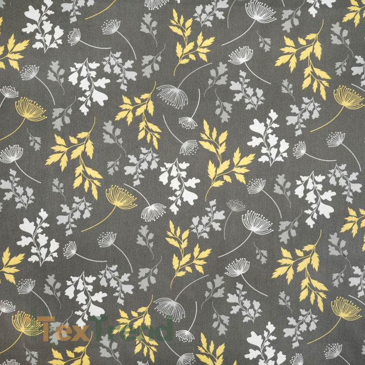 100% Baumwolle gelb-graue Blätter auf braun-grauem Hintergrund