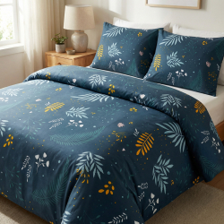 100% Baumwolle mit blau-gelben Blättern und Zweigen auf dunkelblauem Hintergrund