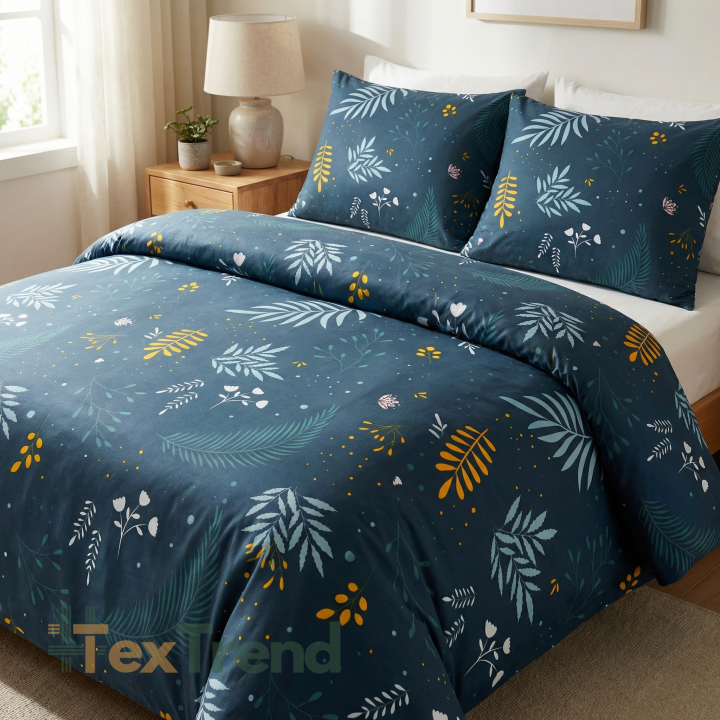 100% Baumwolle mit blau-gelben Blättern und Zweigen auf dunkelblauem Hintergrund