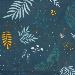 100% Baumwolle mit blau-gelben Blättern und Zweigen auf dunkelblauem Hintergrund
