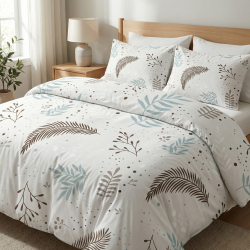 100% Baumwolle mit salbeigrünen und braunen Blättern auf hellgrauem Hintergrund