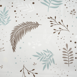 100% Baumwolle mit salbeigrünen und braunen Blättern auf hellgrauem Hintergrund