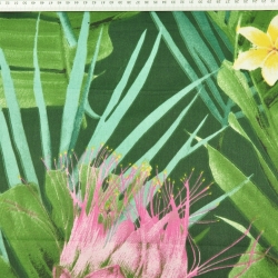 Baumwolle 100% Seerosenblumen grün-rosa auf dunkelgrünem Hintergrund  