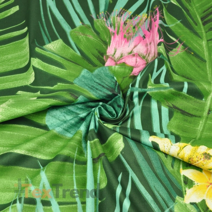 Baumwolle 100% Seerosenblumen grün-rosa auf dunkelgrünem Hintergrund  