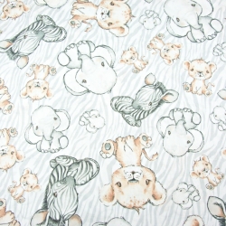 Baumwolle 100% Zebras Löwen und große Elefanten beige auf weiß-grauem Hintergrund