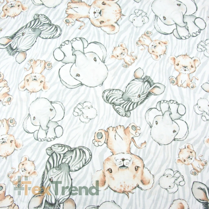 Baumwolle 100% Zebras Löwen und große Elefanten beige auf weiß-grauem Hintergrund