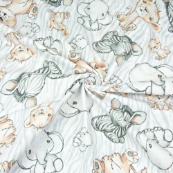 Baumwolle 100% Zebras Löwen und große Elefanten beige auf weiß-grauem Hintergrund