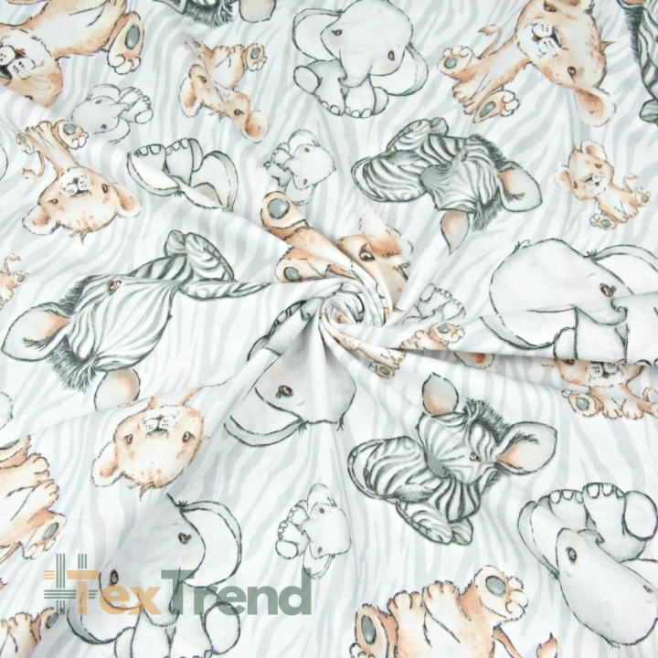 Baumwolle 100% Zebras Löwen und große Elefanten beige auf weiß-grauem Hintergrund