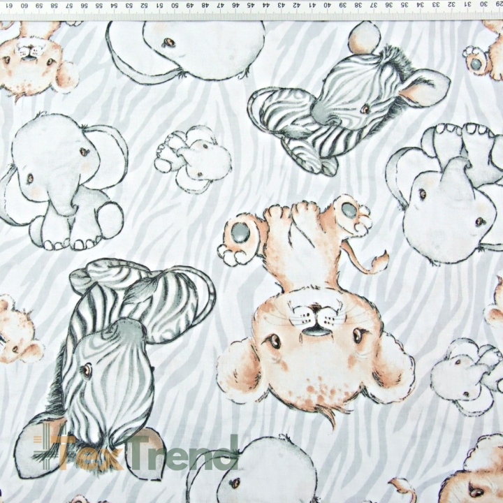 Baumwolle 100% Zebras Löwen und große Elefanten beige auf weiß-grauem Hintergrund
