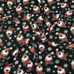 Jersey-Stoff Weihnachtsmänner mit Schneeflocken auf schwarzem Hintergrund - Digitaldruck  