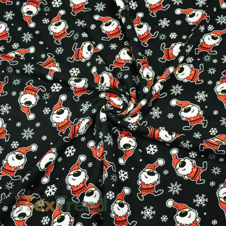 Jersey-Stoff Weihnachtsmänner mit Schneeflocken auf schwarzem Hintergrund - Digitaldruck  