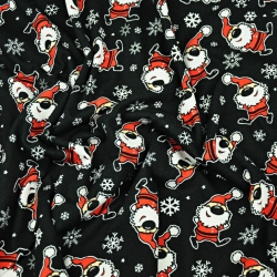 Jersey-Stoff Weihnachtsmänner mit Schneeflocken auf schwarzem Hintergrund - Digitaldruck  