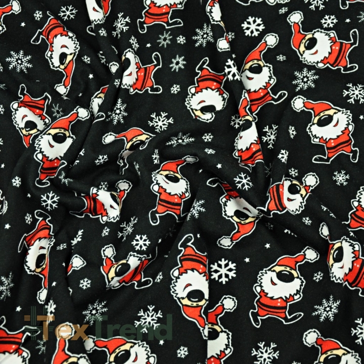 Jersey-Stoff Weihnachtsmänner mit Schneeflocken auf schwarzem Hintergrund - Digitaldruck  