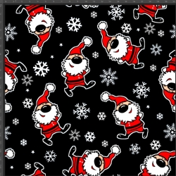 Jersey-Stoff Weihnachtsmänner mit Schneeflocken auf schwarzem Hintergrund - Digitaldruck  