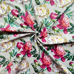 100% Baumwolle Pfingstrosen in Rosa und Weiß auf grauem Hintergrund - 220 cm