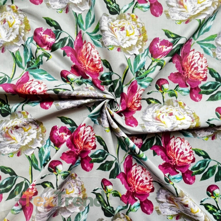 100% Baumwolle Pfingstrosen in Rosa und Weiß auf grauem Hintergrund - 220 cm