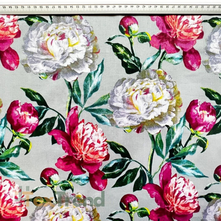 100% Baumwolle Pfingstrosen in Rosa und Weiß auf grauem Hintergrund - 220 cm