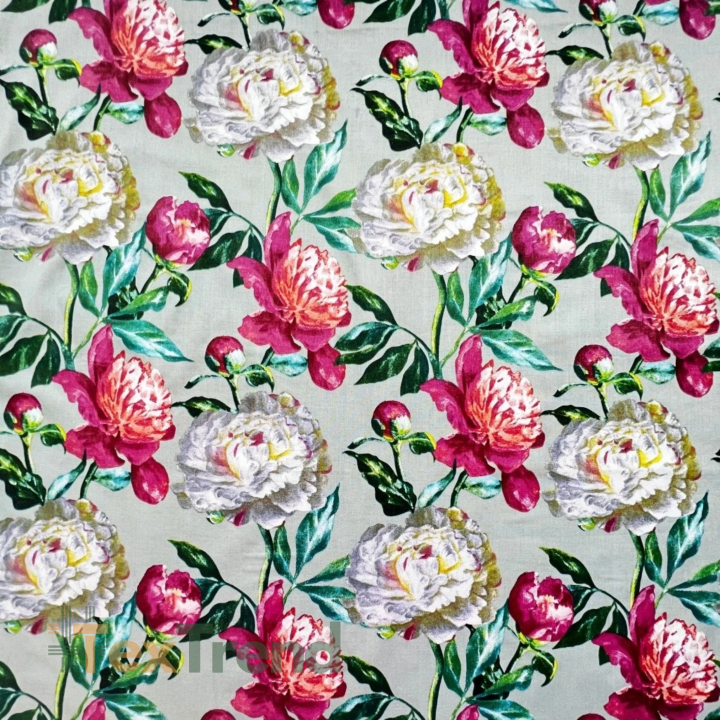 100% Baumwolle Pfingstrosen in Rosa und Weiß auf grauem Hintergrund - 220 cm