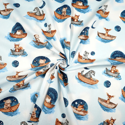 100% Baumwolle Tiere in Booten auf blauem Hintergrund