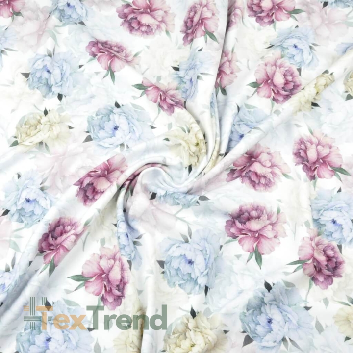 Baumwoll French Terry Stoff, Digitaldruck - pudrige Rosen auf weißem Hintergrund