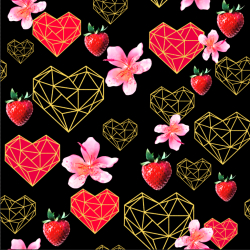 Baumwoll French Terry Stoff Digitaldruck - Herzen, Erdbeeren und geometrische Formen auf schwarzem Hintergrund