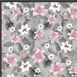 Baumwoll French Terry Stoff Digitaldruck - rosa Blumen auf grauem Hintergrund