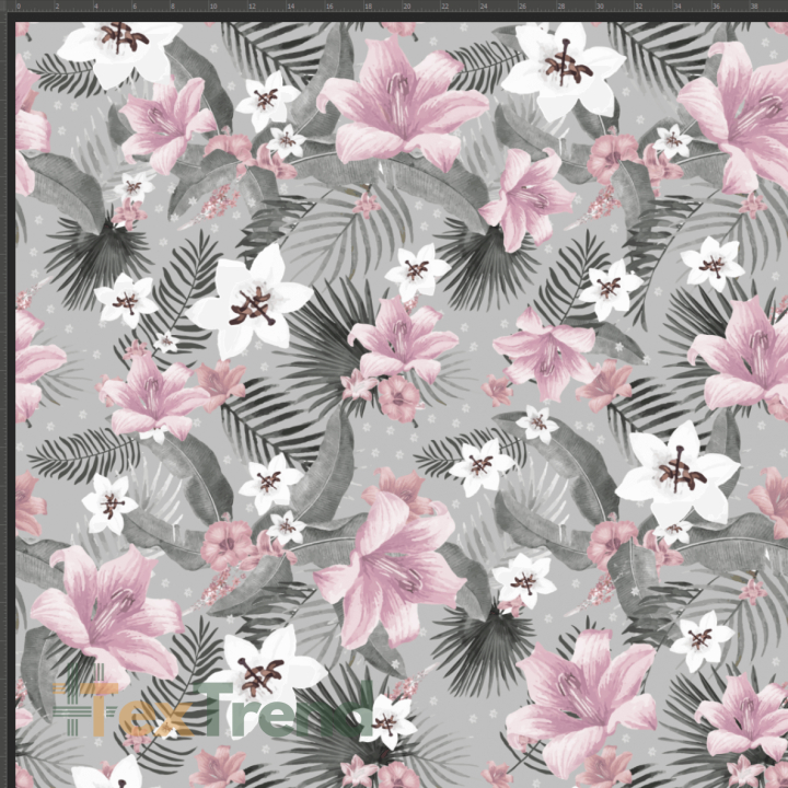 Baumwoll French Terry Stoff Digitaldruck - rosa Blumen auf grauem Hintergrund