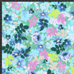 Baumwoll French Terry Stoff Digitaldruck - Blumen und Blätter auf grünem Hintergrund