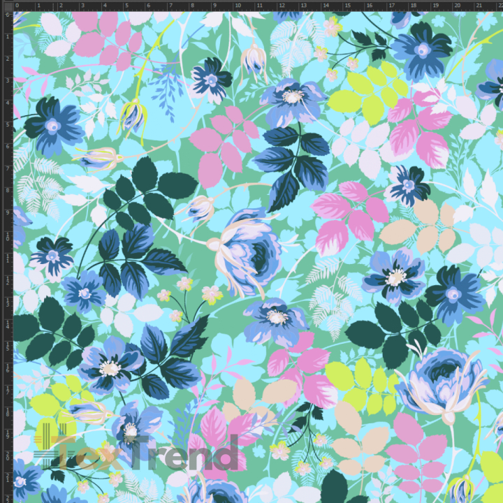 Baumwoll French Terry Stoff Digitaldruck - Blumen und Blätter auf grünem Hintergrund