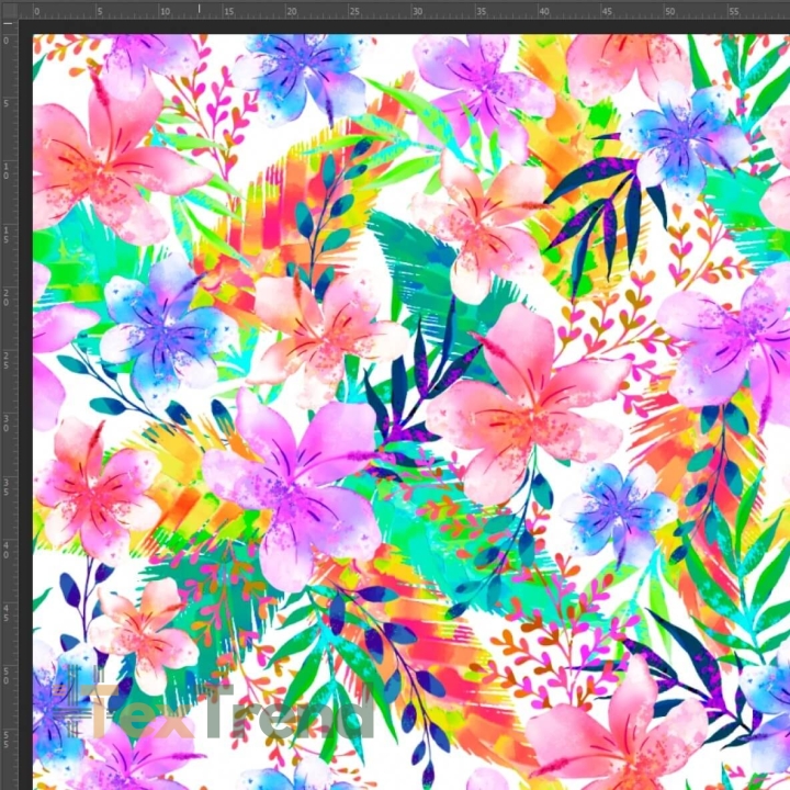 Baumwoll French Terry Stoff - Neonblumen und -blätter auf weißem Hintergrund