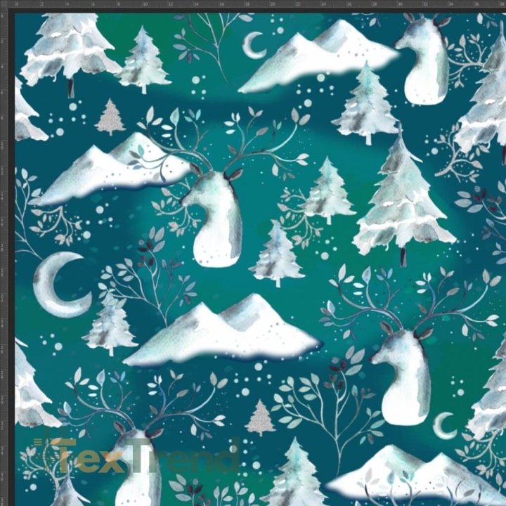 Baumwoll French Terry Stoff Digitaldruck - Weihnachtsrentiere mit Bergen auf marineblauem Hintergrund