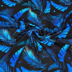 Baumwoll French Terry Stoff digitaldruck - blaue Blätter auf schwarzem Hintergrund