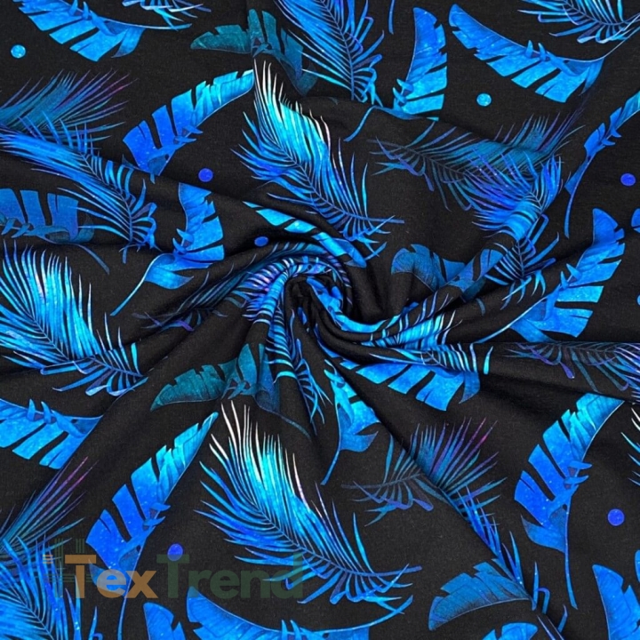 Baumwoll French Terry Stoff digitaldruck - blaue Blätter auf schwarzem Hintergrund