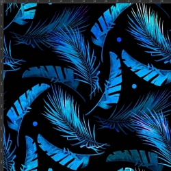 Baumwoll French Terry Stoff digitaldruck - blaue Blätter auf schwarzem Hintergrund