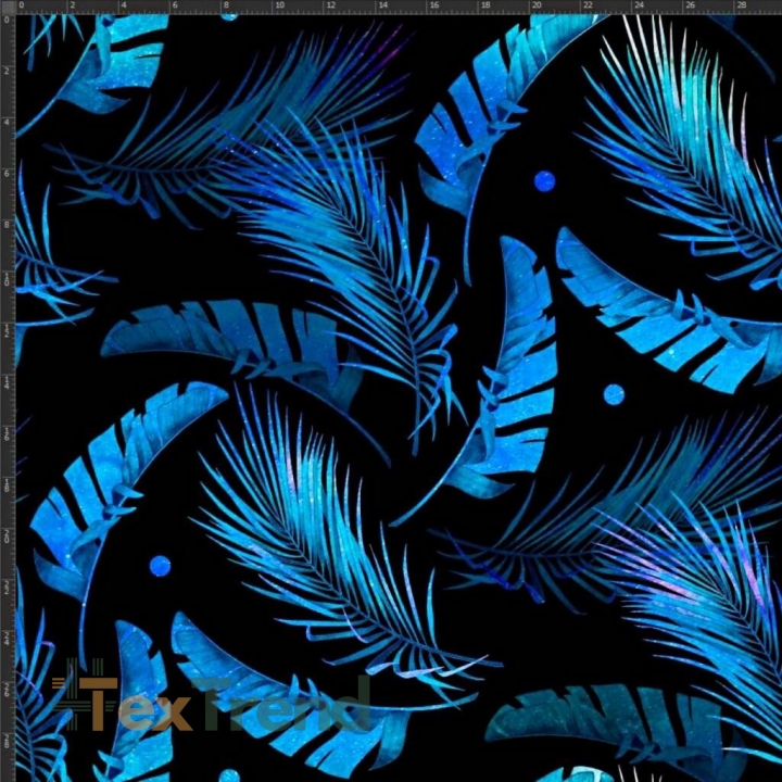 Baumwoll French Terry Stoff digitaldruck - blaue Blätter auf schwarzem Hintergrund