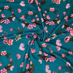 Baumwoll French Terry Stoff - Schmetterlinge mit Blumen auf smaragdgrünem Hintergrund