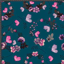 Baumwoll French Terry Stoff - Schmetterlinge mit Blumen auf smaragdgrünem Hintergrund