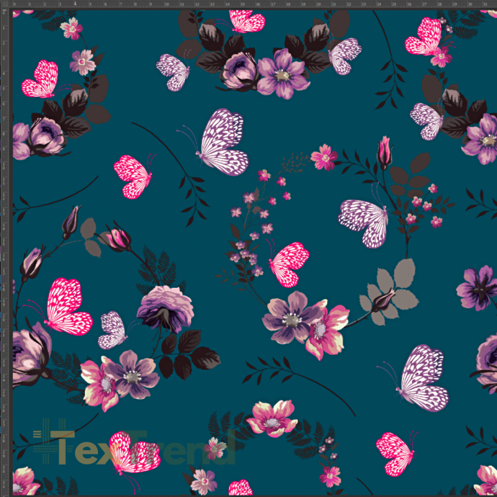 Baumwoll French Terry Stoff - Schmetterlinge mit Blumen auf smaragdgrünem Hintergrund
