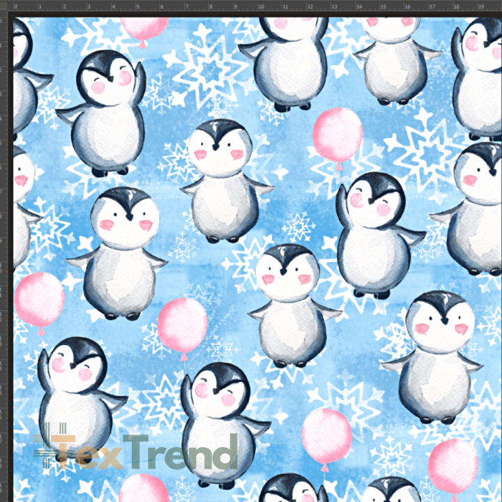 Baumwoll French Terry Stoff Digitaldruck - Pinguine mit Luftballons auf blauem Hintergrund