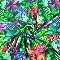 Baumwoll French Terry Stoff digitaldruck - bunte Dschungel auf dunkelgrünem Hintergrund