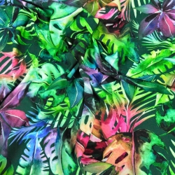 Baumwoll French Terry Stoff digitaldruck - bunte Dschungel auf dunkelgrünem Hintergrund
