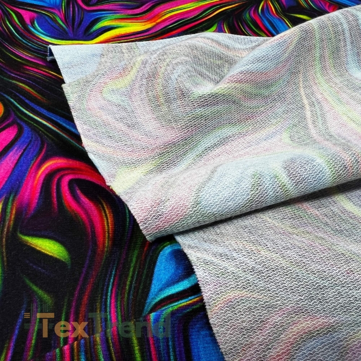 Baumwoll French Terry Stoff - abstrakt blau-rosa auf schwarzem Hintergrund