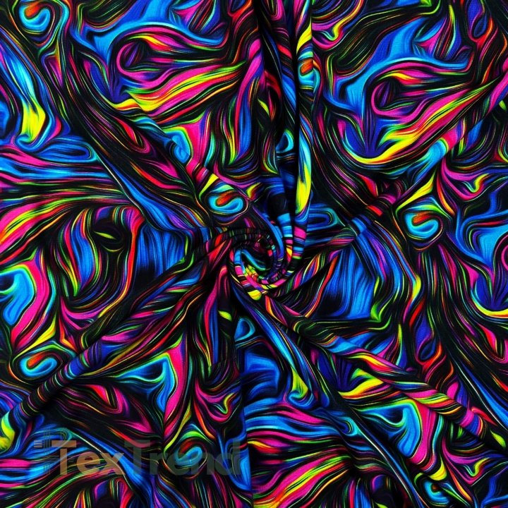 Baumwoll French Terry Stoff - abstrakt blau-rosa auf schwarzem Hintergrund