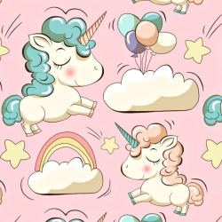 Flanellstoff / Baumwollflanell – weich – Einhörner mit Luftballons auf rosa Hintergrund