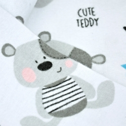 Flanellstoff / Baumwollflanell – weich – Teddy Bären grau mit blauen Sternen auf weißem Hintergrund