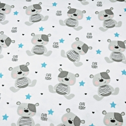 Flanellstoff / Baumwollflanell – weich – Teddy Bären grau mit blauen Sternen auf weißem Hintergrund