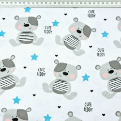Flanellstoff / Baumwollflanell – weich – Teddy Bären grau mit blauen Sternen auf weißem Hintergrund